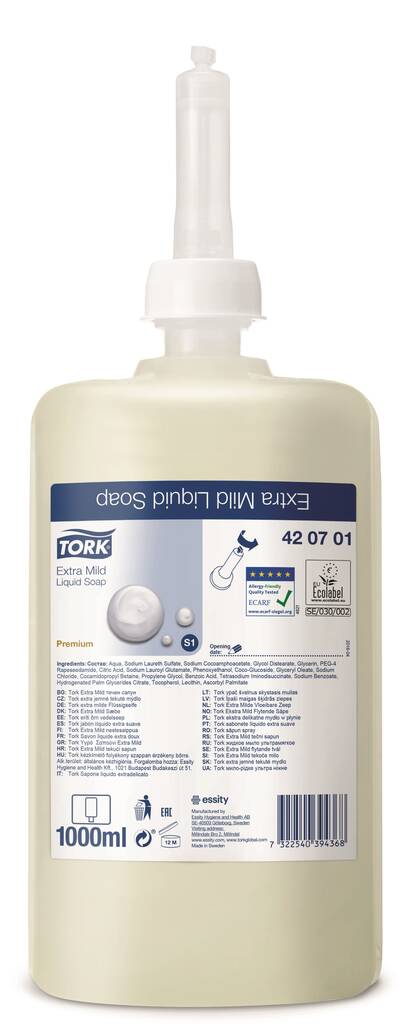 Nestesaippua 1L TORK Premium S1 - Annostelijoiden täyttöpakkaukset - 119200 - 1